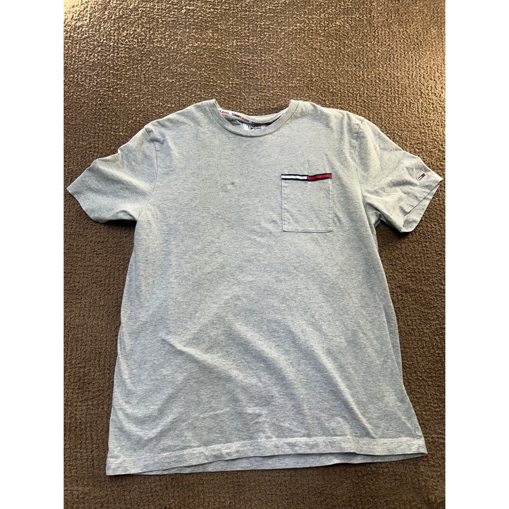 Tommy Jeans Mens Heather Gray Pocket T-Shirt Short Sleeve Cotton Crewneck